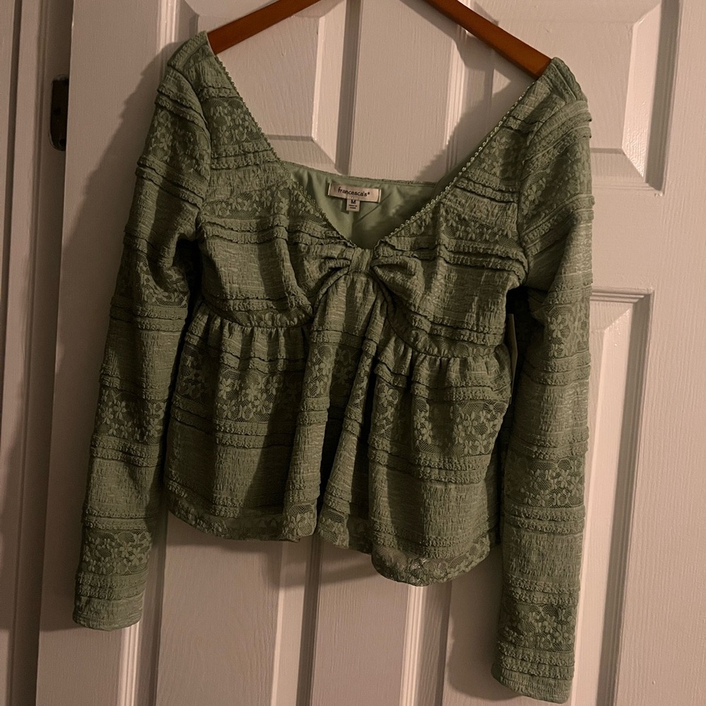 Francesca's Collections Sage Green Lace-Textured Tie-Front Peplum Top